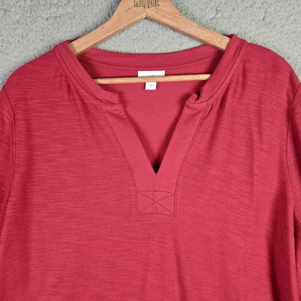 J Jill Womens Tunic Top 2X Red Cotton Blend V Neck Long Sleeve Plus Size Soft